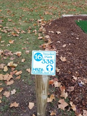 Snyder Park DGC, Main course, Hole 16 Hole sign